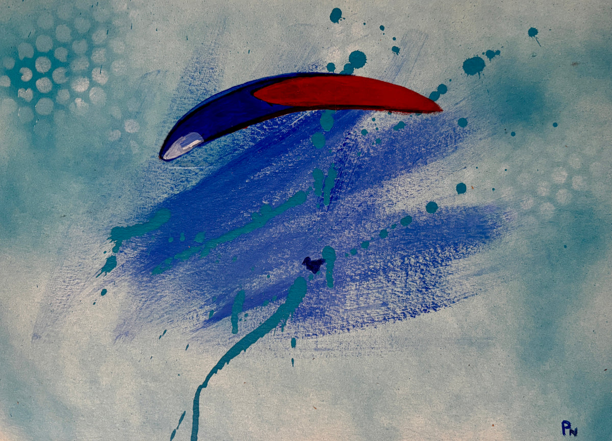 Red Blue Paraglider - Framed 14 x 11" original piece